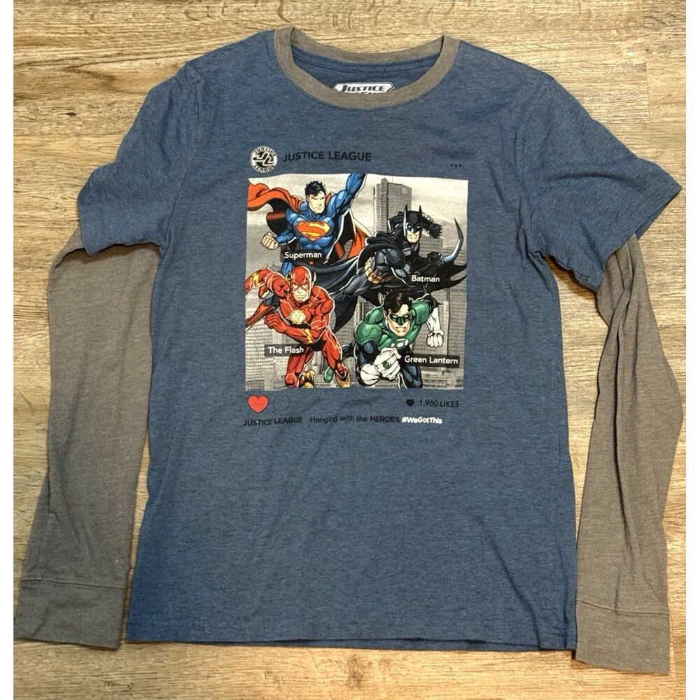 Justice League T Shirt Boys Blue Gray Graphic Superman Batman Aquaman L
